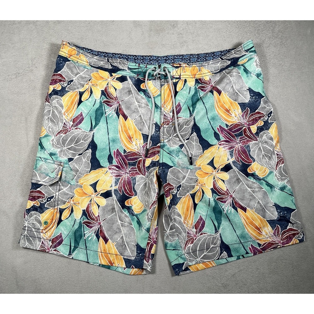 Tommy Bahama Mens XXL Swim Trunks Board Shorts Green Yellow Floral 8.5" Inseam